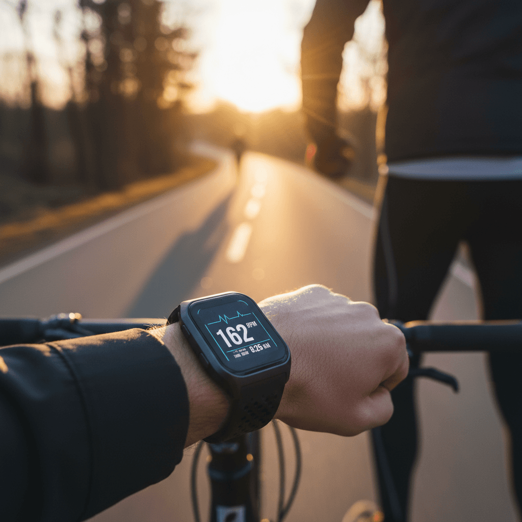 Athlete wearing sports watch showing heart rate data during activity